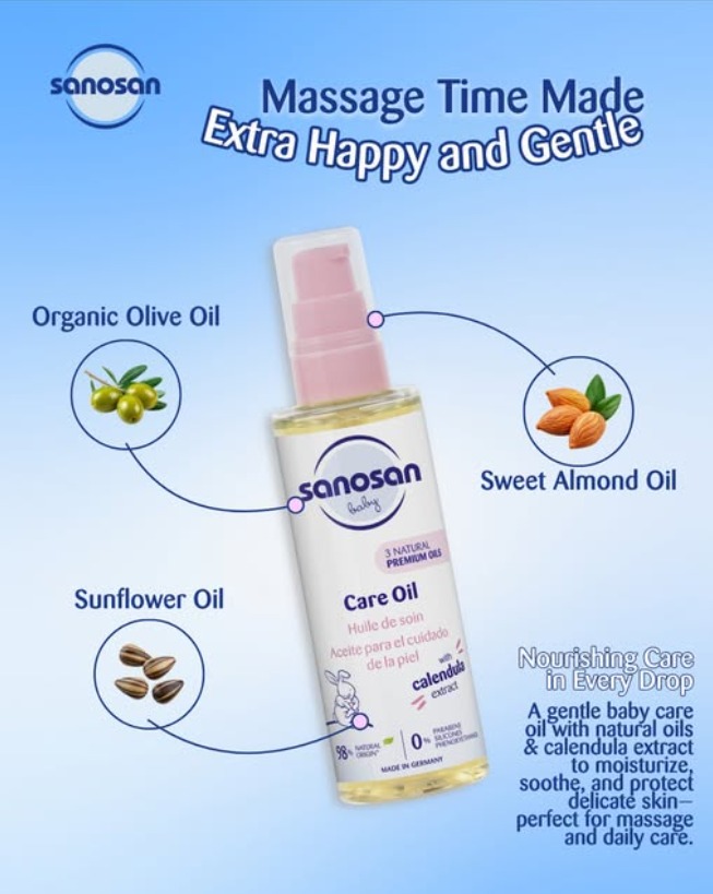Sanosan  Care Oil
Ideal for massaging, for pampering your baby&rsquo;s skin after bathing
98 % ingredients of natural origin.